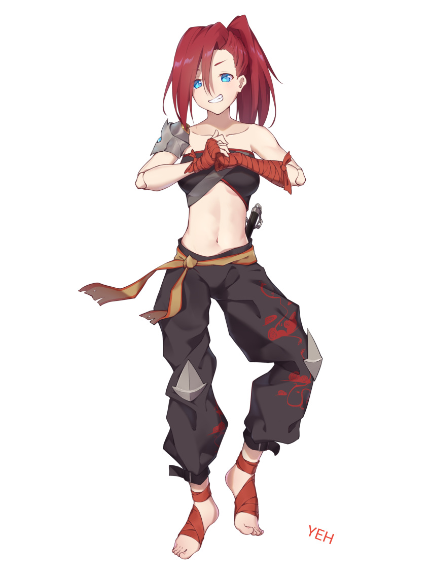 1girl absurdres artist_name bangs bare_shoulders black_pants blue_eyes breasts character_request collarbone copyright_request full_body grin hair_between_eyes highres knee_pads long_hair looking_at_viewer midriff navel palm-fist_greeting pants ponytail red_hair sash small_breasts smile solo standing stomach strapless transparent_background tubetop wrist_wrap yeh_(354162698)