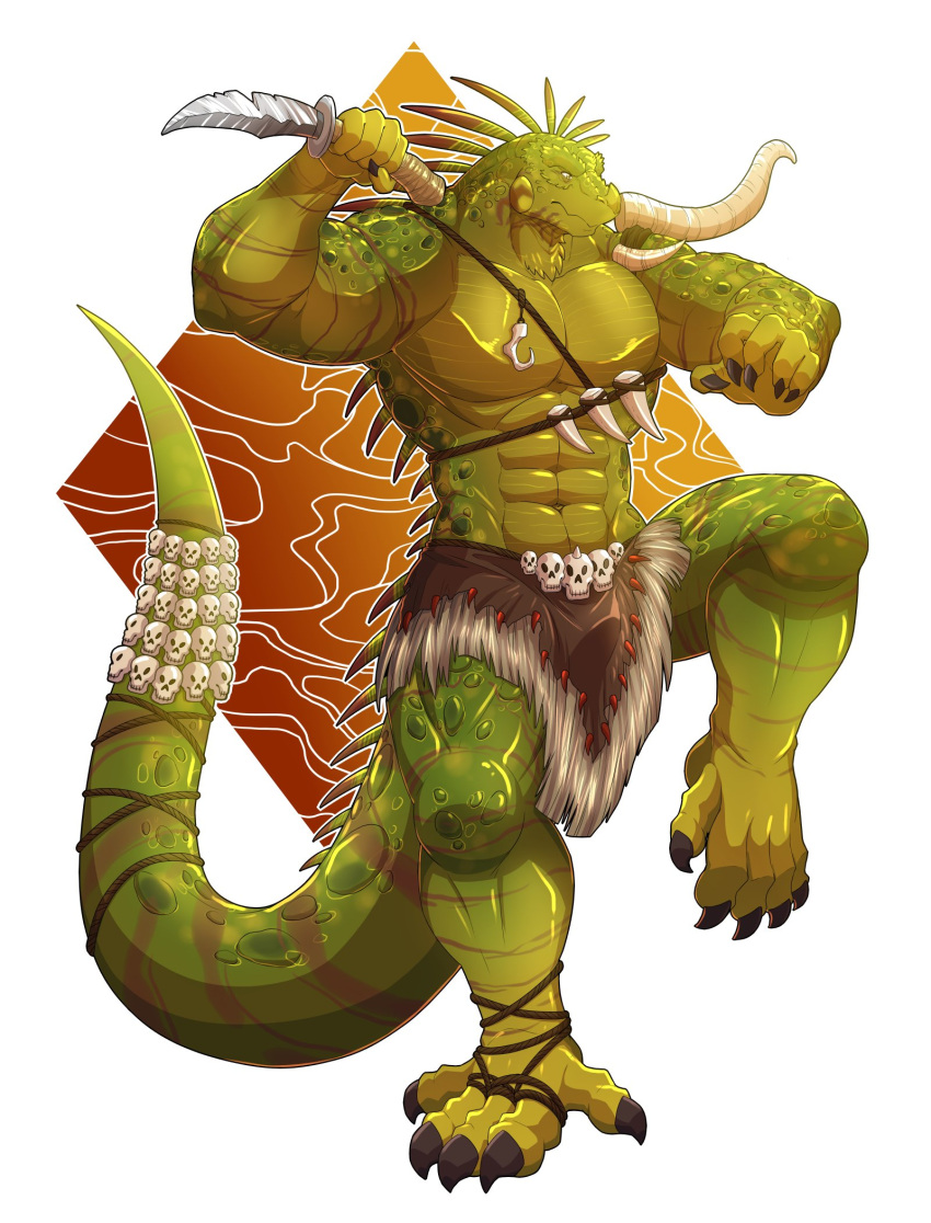 bandage biceps fangs feet green_body green_eyes green_scales hi_res knife lizard male muscular pose press reptile rikitsu scales scalie simple_background