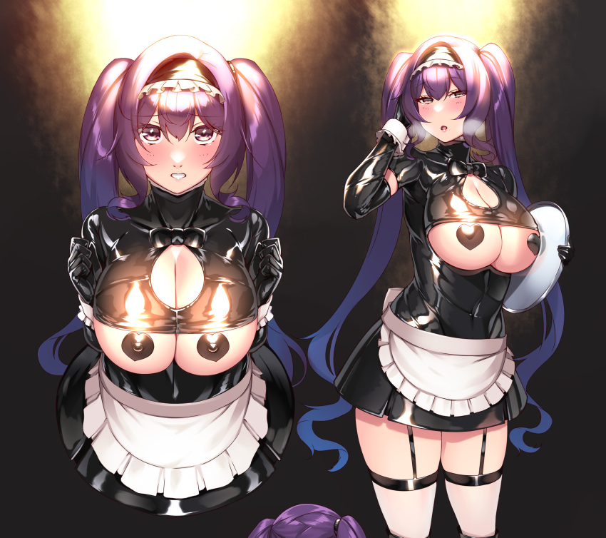 1girl alternate_costume apron black_dress blush breasts covered_nipples dress elbow_gloves enmaided frilled_apron frilled_dress frills garter_straps gloves heart_pasties hie_(hiememiko) hiememiko highres holding holding_tray large_breasts latex latex_dress latex_gloves looking_at_viewer maebari maid maid_apron maid_headdress original pasties puffy_short_sleeves puffy_sleeves purple_eyes purple_hair shiny shiny_clothes short_eyebrows short_sleeves solo thighhighs tray twintails underboob waist_apron white_apron white_legwear wrist_cuffs