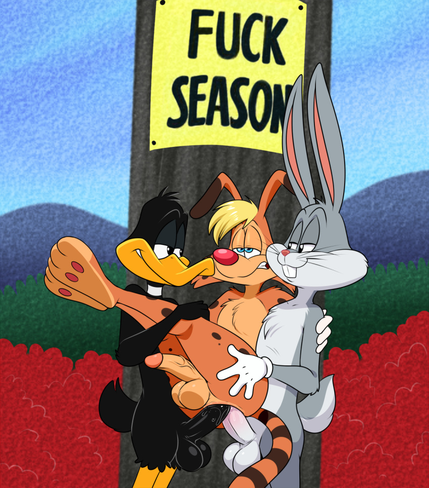 2021 anal anal_penetration anatid anseriform anthro avian balls bird black_body black_feathers blonde_hair bobcat bonkers_(series) bonkers_d._bobcat brown_body brown_fur bugs_bunny chest_tuft crossover daffy_duck double_anal double_penetration duck feathers felid feline fur genitals grey_body grey_fur group group_sex hair hi_res lagomorph leporid lonbluewolf looney_tunes lynx male male/male mammal multicolored_body multicolored_fur orange_body orange_fur penetration penis rabbit sex spots spotted_body spotted_fur threesome tuft warner_brothers white_body white_fur