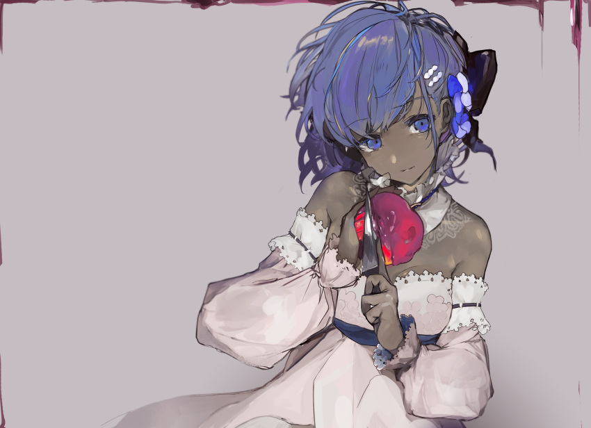 1girl blue_eyes blue_hair closed_mouth colored_skin detached_sleeves dress fate/grand_order fate_(series) flower food fruit grey_background grey_skin hair_flower hair_ornament hairclip hassan_of_serenity_(fate) highres holding holding_food holding_fruit holding_knife knife looking_at_viewer lostroom_outfit_(fate) poison_apple short_hair simple_background solo upper_body white_dress white_sleeves yorurokujuu