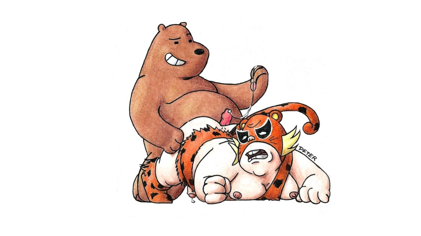 anthro belly bodily_fluids brown_body brown_skin cartoon_network crossover cum duo francisco_of_the_forest genital_fluids grizzly_(wbb) hi_res human human_on_anthro interspecies male male/male mammal mucha_lucha overweight overweight_male peterdamart sex simple_background ursid we_bare_bears white_background