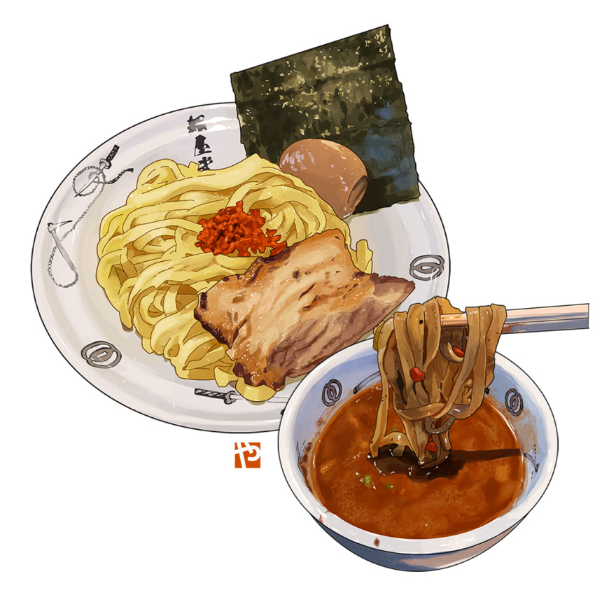 bowl carrot chain chopsticks egg english_commentary food food_focus garnish hardboiled_egg katana meat no_humans noodles original plate realistic sauce seaweed simple_background still_life studiolg sword weapon white_background