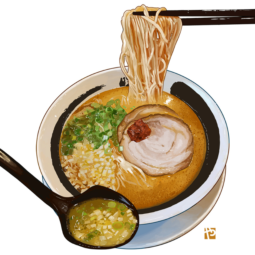 bowl chopsticks english_commentary food food_focus garnish meat no_humans noodles original plate realistic simple_background soup soup_ladle spring_onion still_life studiolg vegetable white_background