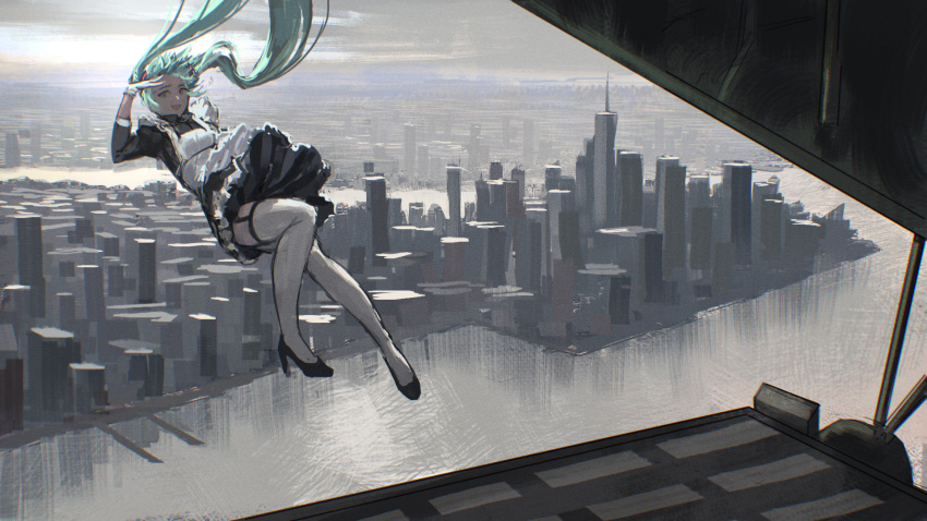 1girl airplane_interior alternate_costume apron black_footwear black_garter_straps black_legwear blue_eyes boots cityscape commentary english_commentary enmaided flat_chest floating_hair gloves green_hair grey_sky hatsune_miku high_heels highres jumping long_hair looking_at_viewer maid maid_apron over-kneehighs salute solo thigh_boots thighhighs thighhighs_under_boots twintails vertigris very_long_hair vocaloid white_apron white_footwear white_gloves