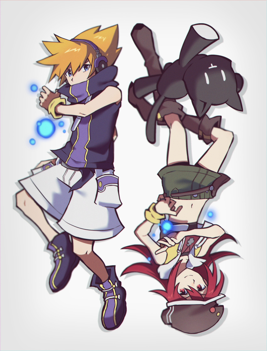 1boy 1girl absurdres black_headwear blue_eyes brown_footwear brown_hair hair_between_eyes hat hat_ornament headphones highres looking_at_viewer midriff misaki_shiki mr._mew n3ss_0 navel pocket purple_footwear red_eyes red_hair sakuraba_neku shorts simple_background sleeveless sleeveless_jacket spiked_hair stuffed_animal stuffed_cat stuffed_toy subarashiki_kono_sekai upside-down white_background wristband