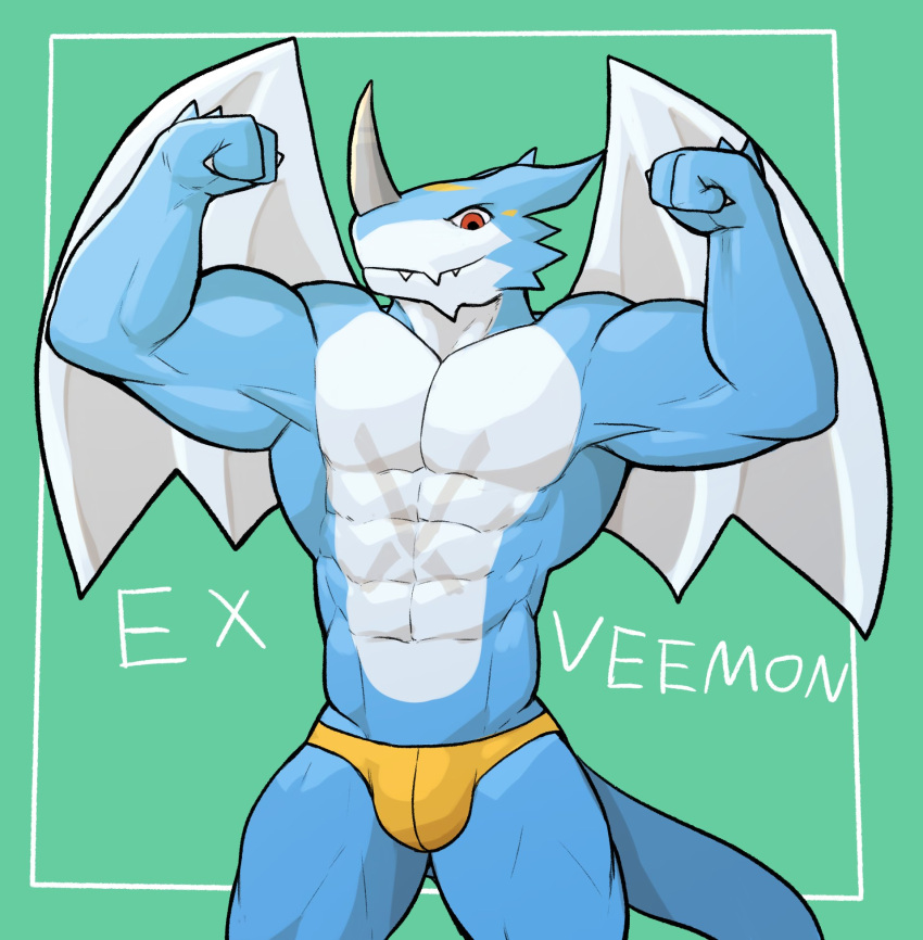 2021 abs anthro biceps bulge character_name clothing digimon digimon_(species) exveemon flexing green_background hi_res horn jrjresq looking_at_viewer male muscular muscular_anthro muscular_male pecs pinup pose simple_background solo standing thong underwear wings