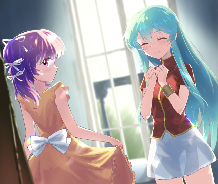 2girls aqua_hair bangs blush bracelet closed_eyes dress dress_lift eirika_(fire_emblem) fire_emblem fire_emblem:_the_sacred_stones hair_between_eyes indoors jewelry kawazu_(pixiv22469761) long_hair miniskirt multiple_girls myrrh_(fire_emblem) purple_eyes purple_hair red_shirt shirt skirt smile tied_hair