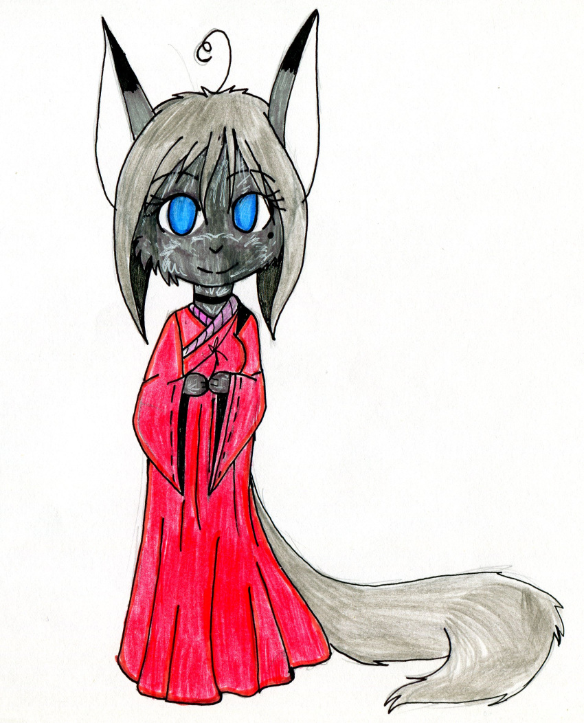 ahoge black_body blue_eyes canid canine clothing dress fox frock hair hi_res long_tail looking_at_viewer mammal traditional_media_(artwork)