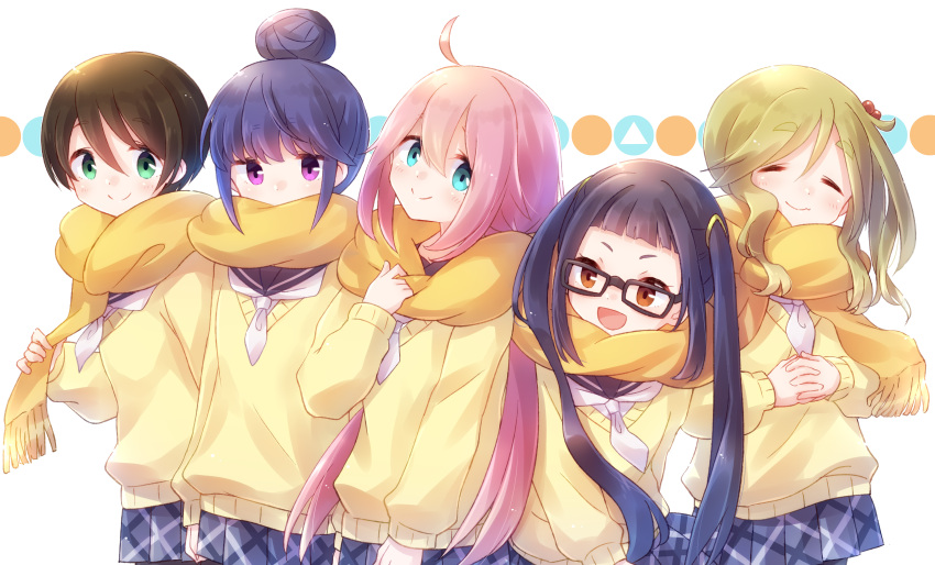 5girls :d absurdres ahoge aqua_eyes black_hair blonde_hair blue_hair brown_eyes closed_eyes eyebrows_visible_through_hair fang glasses green_eyes hair_bun highres inuyama_aoi kagamihara_nadeshiko long_hair multiple_girls nyaa_(nnekoron) oogaki_chiaki open_mouth pink_hair purple_eyes purple_hair rectangular_eyewear sailor_collar saitou_ena scarf school_uniform shared_scarf shima_rin short_bangs short_hair side_ponytail simple_background skin_fang smile thick_eyebrows twintails yurucamp