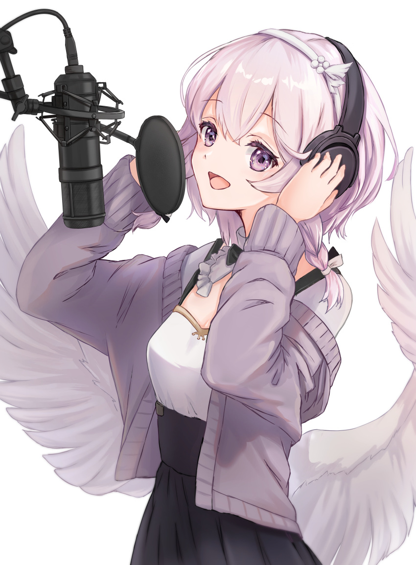 1girl absurdres bangs black_skirt breasts commentary_request eyebrows_visible_through_hair feathered_wings hair_between_eyes hairband hands_on_headphones hands_up headphones highres jacket long_sleeves low_wings microphone off_shoulder open_clothes open_jacket pink_hair pleated_skirt purple_eyes purple_jacket shirt simple_background skirt skycolor_project sleeves_past_wrists small_breasts solo usuwa_suu virtual_youtuber white_background white_hairband white_shirt white_wings wings yuzuaji