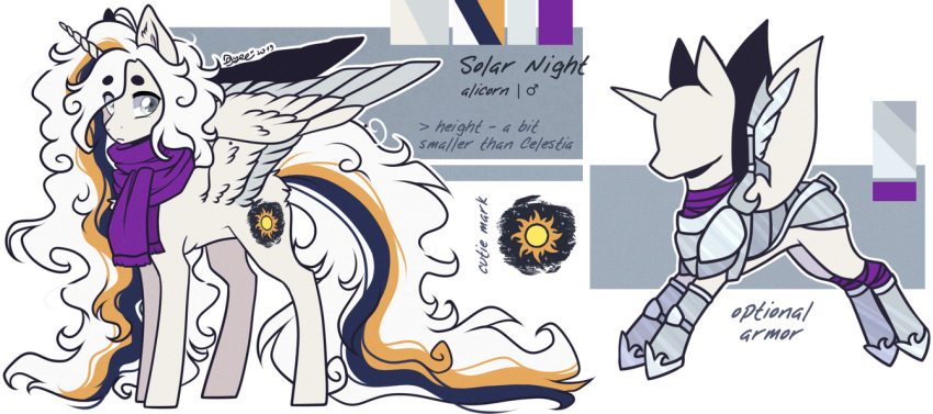 alicorn_oc alpha_channel ambiguous_gender d-dyee digital_media_(artwork) english_text equid equine feathered_wings feathers feral fur grey_eyes hasbro horn long_mane mammal mane model_sheet multicolored_tail my_little_pony pegasus quadruped scarf solar_night solo standing text white_body white_mane winged_unicorn wings