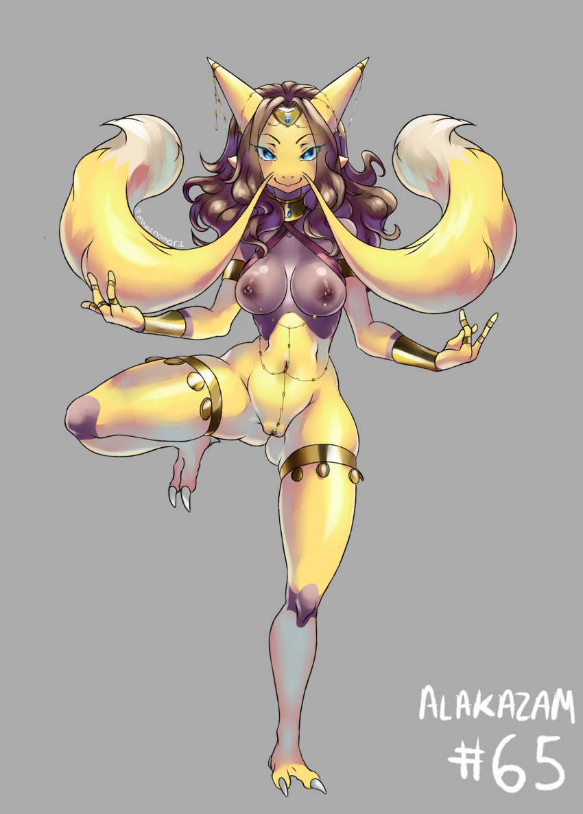 alakazam anthro anthrofied blue_eyes bracelet breasts brown_hair choker claws clitoris clitoris_piercing clothing dark_nipples facial_hair female genital_piercing genitals grey_background hair hi_res jewelry looking_at_viewer mustache navel navel_piercing necklace nintendo nipple_chain nipple_piercing nipples on_one_leg piercing pok&eacute;mon pok&eacute;mon_(species) pussy pussy_piercing ring simple_background small_waist smile solo standing the_lost_artist video_games wavy_hair wide_hips