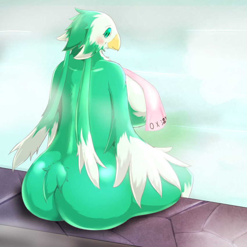 anthro avian bath beak big_breasts biped bird blush breasts butt ester_(sutasl) feather_hands feathers female green_body green_eyes green_feathers hi_res looking_at_viewer looking_back mostly_nude non-mammal_breasts rear_view sitting smile solo sutasl tail_tuft thick_thighs towel towel_only tuft water