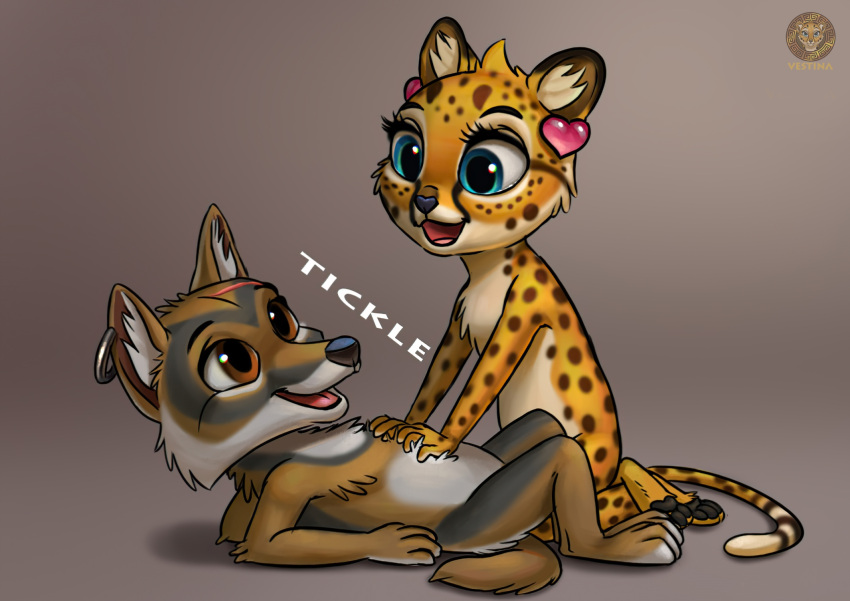 anthro blue_eyes brown_body brown_eyes brown_fur canid canine canis cheetah chibi coyote duo ear_piercing ear_ring english_text eye_contact felid feline female fur happy hi_res inner_ear_fluff julia_(vestina) looking_at_another male male/female mammal nude open_mouth open_smile piercing servius_(vestina) simple_background smile spots spotted_body spotted_fur text tickling tuft vestina yellow_body yellow_fur