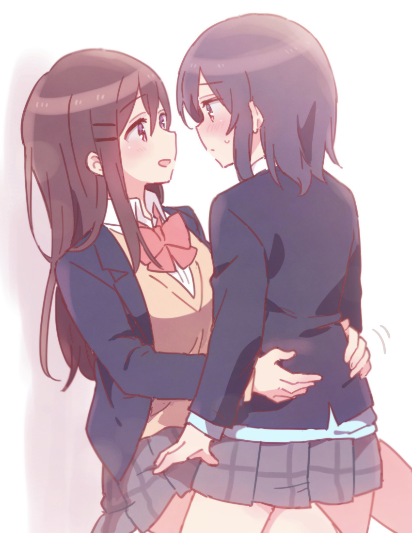 2girls :d absurdres adachi_sakura adachi_to_shimamura black_hair black_jacket blazer blush bow brown_eyes brown_hair brown_sweater closed_mouth collared_shirt dress_shirt eye_contact grey_skirt hair_ornament hairclip hands_on_another's_waist highres jacket long_hair looking_at_another multiple_girls open_blazer open_clothes open_jacket open_mouth pleated_skirt profile purple_eyes red_bow school_uniform shimamura_hougetsu shirt skirt smile sorimachi-doufu sweat sweater very_long_hair white_shirt yuri