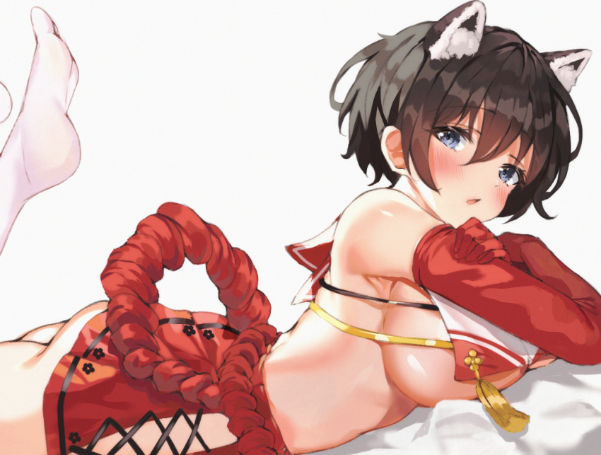 1girl absurdres animal_ears black_hair blue_archive blue_eyes breasts commentary elbow_gloves eyebrows_visible_through_hair feet gloves highres large_breasts looking_at_viewer lotpi lying on_stomach red_gloves red_sailor_collar rope sailor_collar shimenawa short_hair simple_background solo thighhighs tsubaki_(blue_archive) underboob white_background
