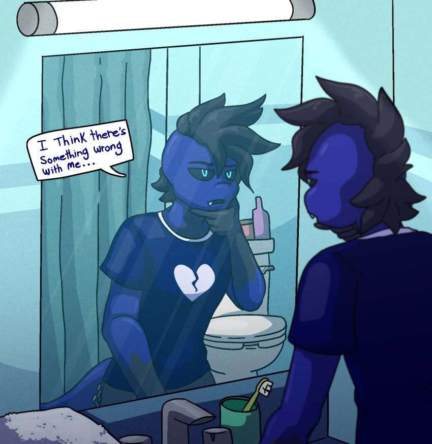 &lt;/3 anthro ash_the_gecko bathroom blue_body blue_eyes brush demoncyborg dialogue emo gecko goth hi_res humanoid lizard male punk punk_hair reptile scalie solo teeth toothbrush