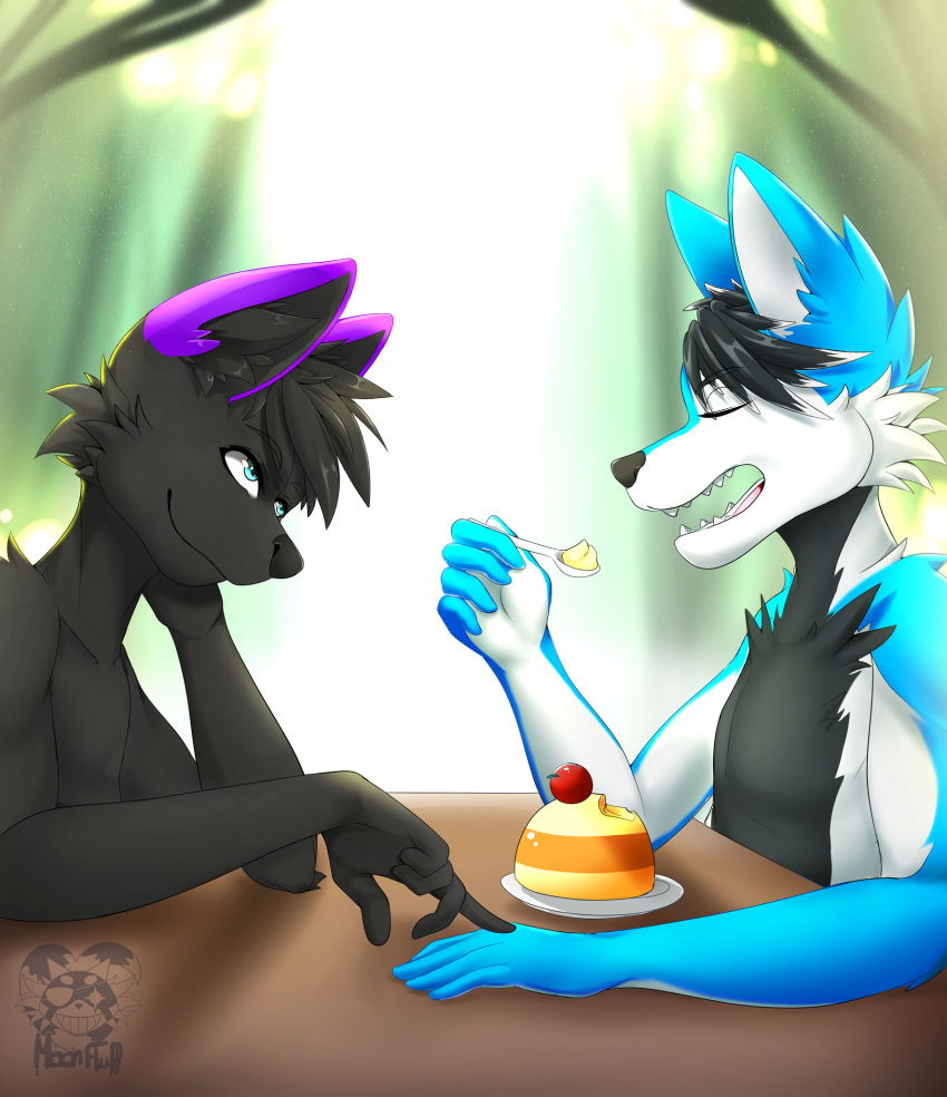 anthro black_body black_fur blue_body blue_eyes blue_fur canid canine canis cute_face dessert domestic_dog duo eating food fur furniture half-length_portrait hi_res male male/male mammal moonfluffmf portrait purple_body purple_fur smile table white_body white_fur wolf