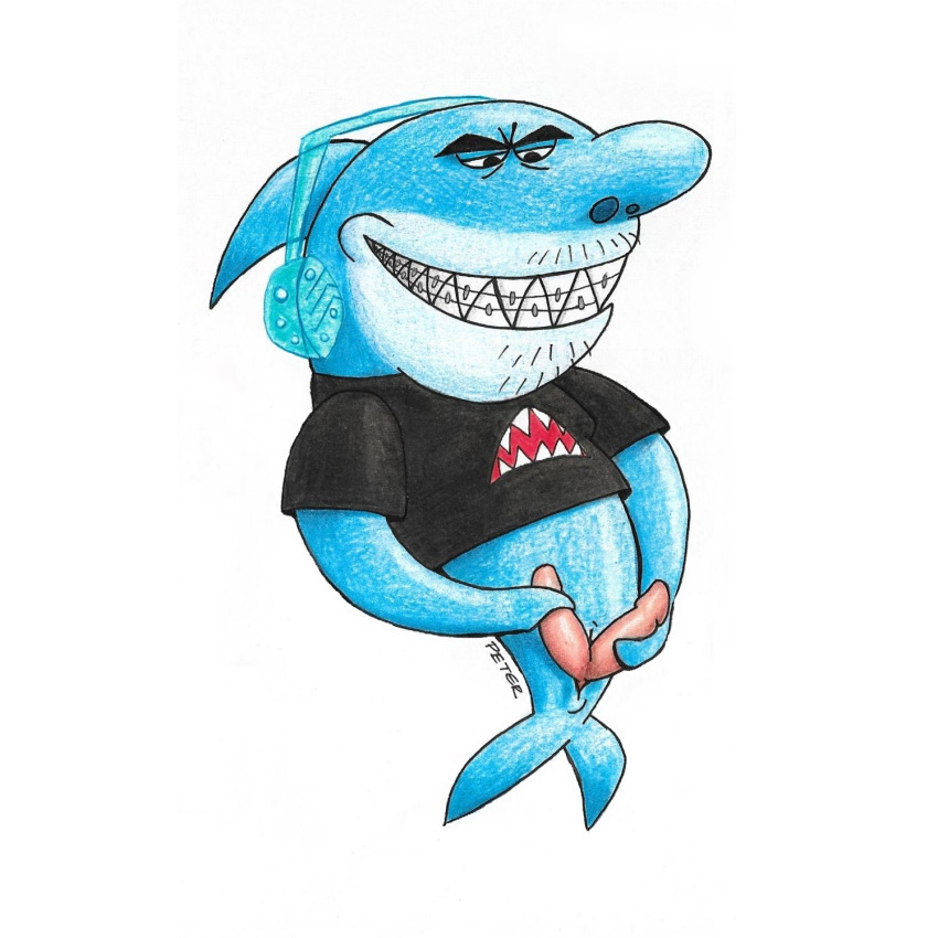 1:1 anthro blue_body blue_skin braces bull_sharkowski cartoon_network clothing fish genitals hi_res male marine multi_genitalia multi_penis my_gym_partner's_a_monkey penis peterdamart shark shirt simple_background solo teeth topwear white_background