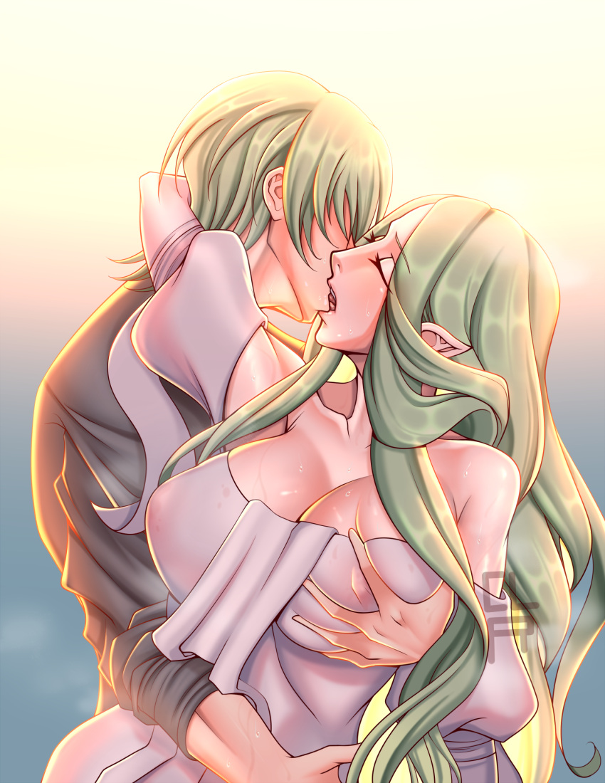 1boy 1girl breast_grab breasts byleth_(fire_emblem) byleth_(fire_emblem)_(male) cleavage cleru_(cleruuuuu) closed_eyes dragon_girl dress fire_emblem fire_emblem:_three_houses french_kiss grabbing green_hair groping hetero highres kiss large_breasts long_hair nintendo nipples pointy_ears rhea_(fire_emblem) see-through short_hair sweat