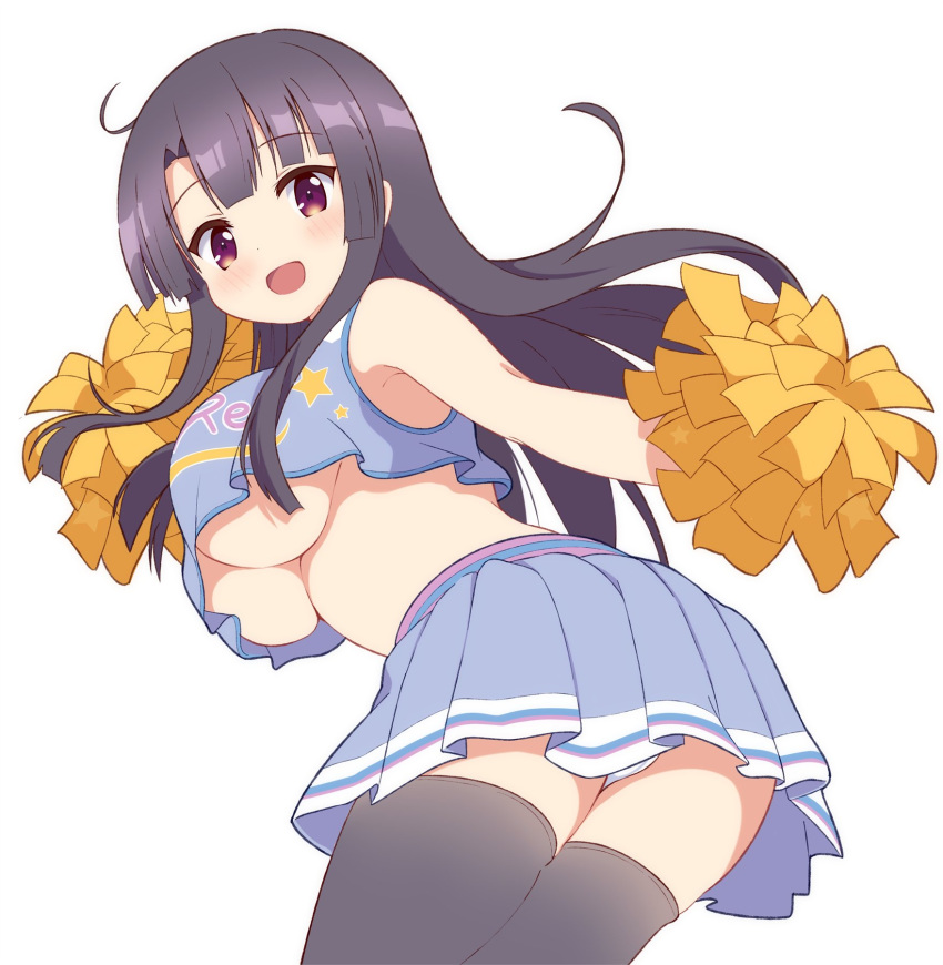 1girl bangs black_hair black_legwear blunt_bangs blush breasts brown_eyes cheerleader eyebrows_visible_through_hair highres hime_cut ichikishima_mizuha leaning_forward long_hair looking_at_viewer looking_back open_mouth panties panty_peek pom_poms re:stage! rst_hoshinono simple_background skirt smile solo standing thighhighs underboob underwear upskirt white_background white_panties