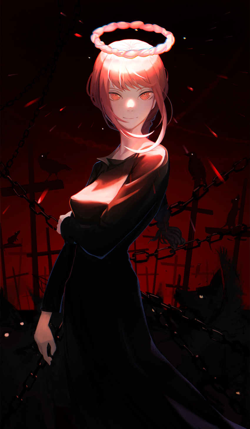 1girl absurdres bird black_dress braid braided_ponytail breasts chain chainsaw_man closed_mouth commentary cowboy_shot cross crow dog dress glowing gradient gradient_background graveyard halo highres long_sleeves looking_at_viewer makima_(chainsaw_man) medium_breasts medium_hair mrstomachache red_background red_eyes red_hair ringed_eyes smile solo