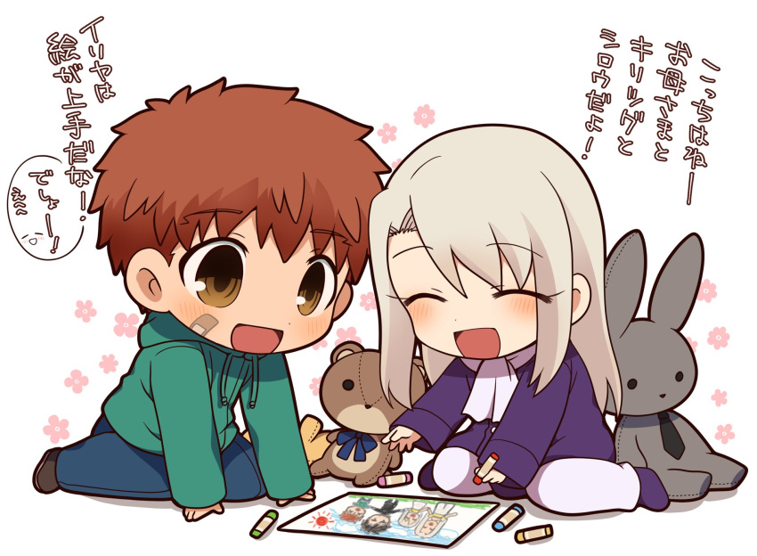 1boy 1girl child child_drawing coat crayon drawing emiya_shirou fate/zero fate_(series) highres holding_crayon illyasviel_von_einzbern orange_hair paper scarf short_hair stuffed_toy translated tsubuta_hiro what_if white_hair winter_clothes yellow_eyes younger