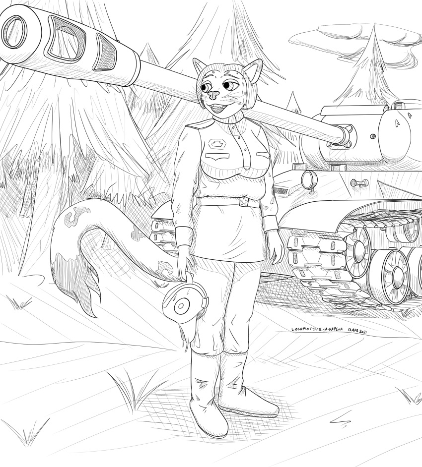 2021 absurd_res anthro clothing felid female hi_res is-2 is-2_(1944) laya_chuganova mammal military_uniform monochrome pantherine panzerschreckleopard russian snow_leopard soviet_union tank uniform vehicle world_war_2