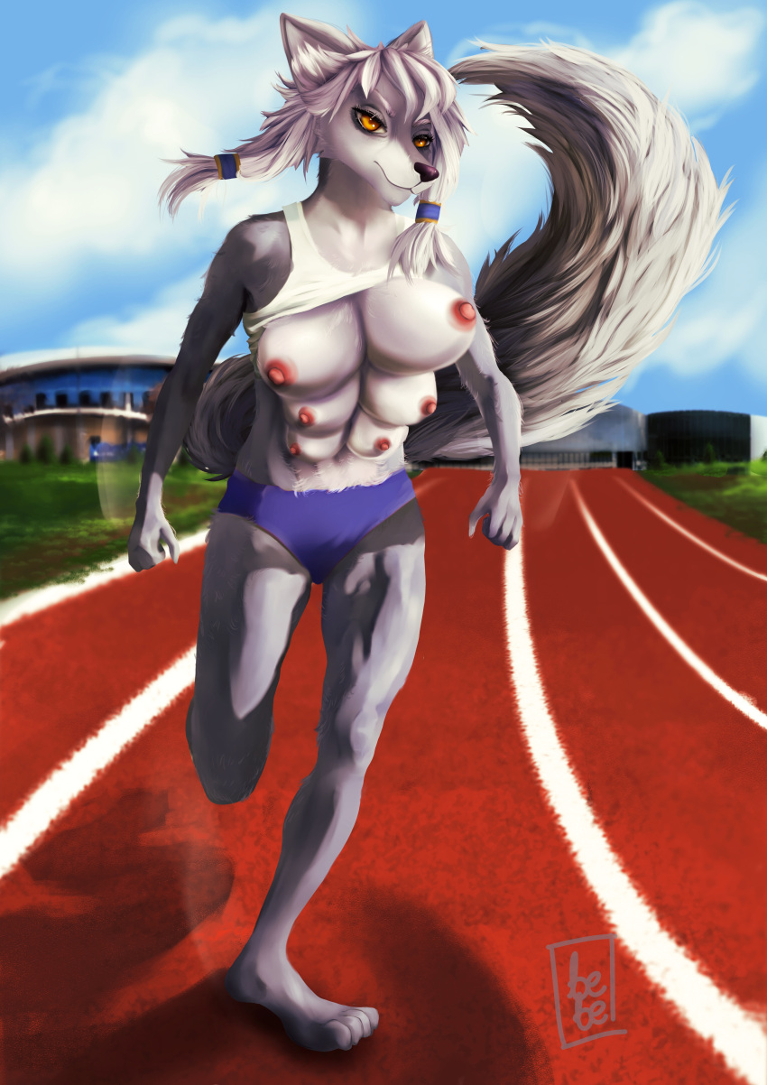absurd_res anthro bebe_bernarde big_breasts bouncing_breasts bra breast_size_difference breasts canid canine canine_tail canis clothed clothing detailed_background details exposed_breasts fast feet female full-length_portrait hi_res looking_at_viewer mammal muscular muscular_anthro muscular_female orange_eyes portrait raised_clothing raised_shirt raised_topwear realistic running running_away shirt shirt_up small_breasts solo sport sports_bra topwear underwear wolf