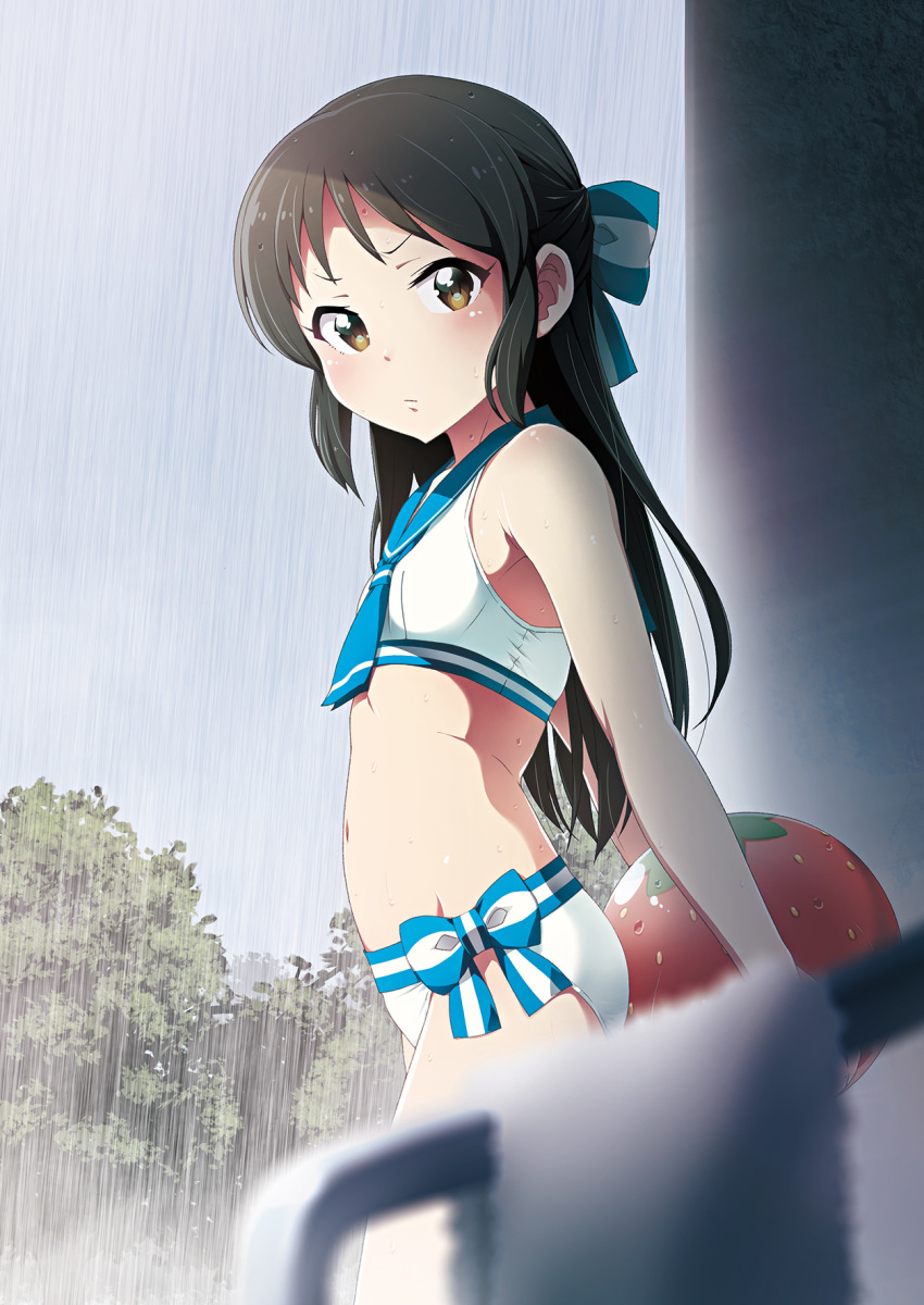 1girl ball beachball bikini black_hair blue_bow blurry blurry_foreground bow bow_bikini brown_eyes closed_mouth commentary_request depth_of_field frown hair_bow highres holding holding_ball idolmaster idolmaster_cinderella_girls kabayaki_unagi long_hair looking_at_viewer outdoors overcast rain sailor_bikini sailor_collar sailor_swimsuit_(idolmaster) standing swimsuit tachibana_arisu white_bikini