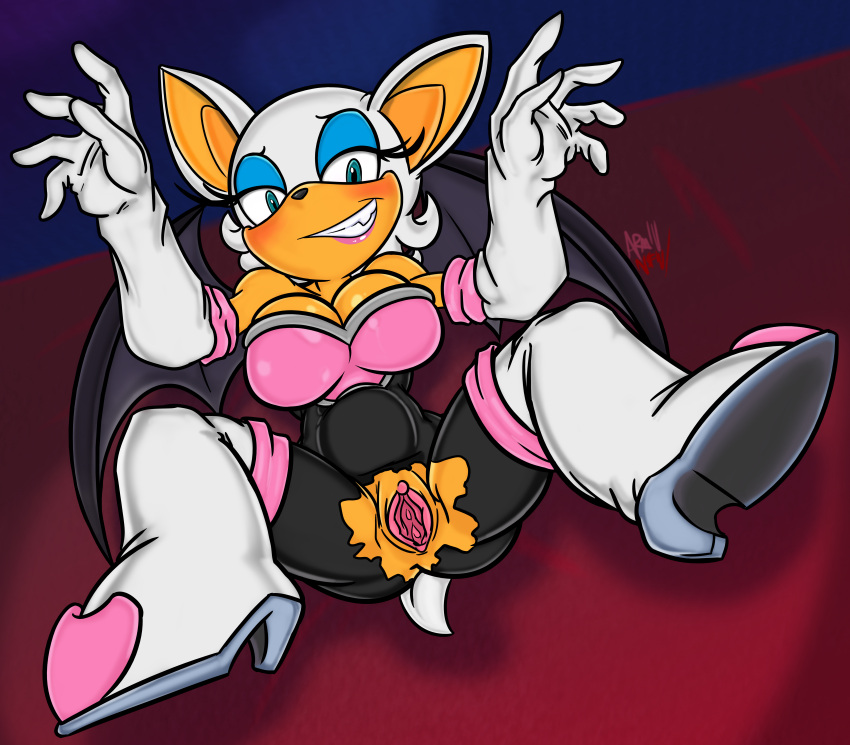 2020 absurd_res anthro armiv big_breasts breasts chiropteran clothed clothing female gaping gaping_pussy genitals grin hi_res looking_at_viewer lying mammal on_back on_model partially_clothed pussy rouge_the_bat smile solo sonic_the_hedgehog_(series) spread_legs spreading torn_clothing