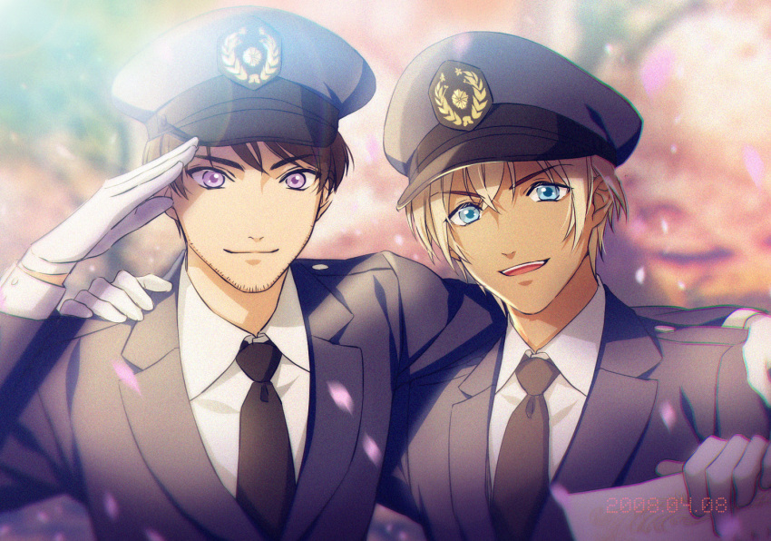 2boys :d amuro_tooru arm_around_shoulder arm_up bangs black_headwear black_jacket black_neckwear black_suit blonde_hair blue_eyes blurry blurry_background brown_hair cherry_blossoms closed_mouth collared_shirt commentary_request depth_of_field diploma falling_petals film_grain formal gloves graduation hair_between_eyes hand_on_another's_shoulder hat holding jacket kouno_kb long_sleeves looking_at_viewer male_focus meitantei_conan multiple_boys necktie open_mouth petals police police_hat police_uniform policeman purple_eyes salute scotch_(meitantei_conan) shirt short_hair side-by-side smile suit uniform upper_body upper_teeth white_gloves white_shirt