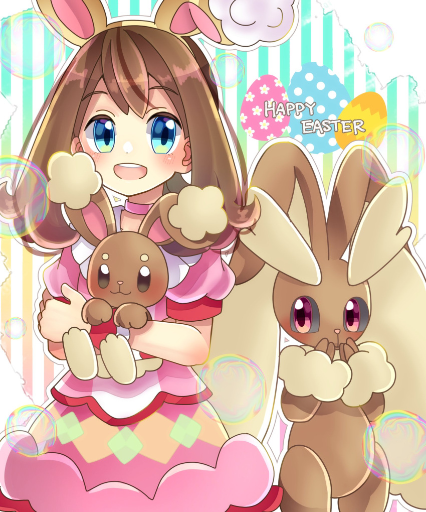 1girl :d animal_ears bangs blue_eyes blush brown_hair buneary bunny_ears choker dress easter eyebrows_visible_through_hair fake_animal_ears gen_4_pokemon highres kokashiho lopunny may_(pokemon) open_mouth pink_choker pink_dress pokemon pokemon_(creature) pokemon_(game) pokemon_masters_ex pokemon_oras smile wrist_cuffs