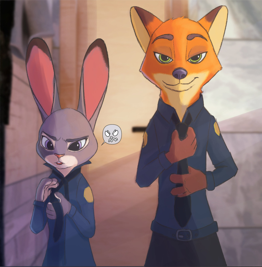 2021 absurd_res anthro belt canid canine clothed clothing dipstick_ears disney duo fox fully_clothed fur green_eyes grey_body grey_fur hi_res judy_hopps lagomorph leporid light lighting looking_at_viewer mammal multicolored_ears necktie nick_wilde orange_body orange_fur rabbit red_fox shaded shirt smile standing topwear trenin zootopia