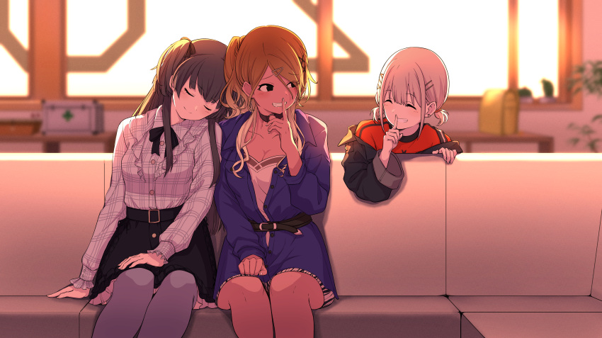 3girls ^_^ absurdres backlighting black_hair black_skirt blonde_hair blue_jacket blurry blush breasts brown_hair choker cleavage closed_eyes collarbone couch depth_of_field earrings finger_to_mouth frilled_skirt frills gradient_hair grey_hair grin gyaru hair_ornament hairclip hand_on_own_thigh highres idolmaster idolmaster_shiny_colors indoors izumi_mei jacket jewelry kaede_(harutan109) looking_at_another mayuzumi_fuyuko multicolored_hair multiple_girls nail_polish neck_ribbon office open_clothes open_jacket oversized_clothes plaid plaid_shirt ribbon serizawa_asahi shirt shushing side_ponytail sitting skirt sleeping smile straylight_(idolmaster) sunset twintails two_side_up