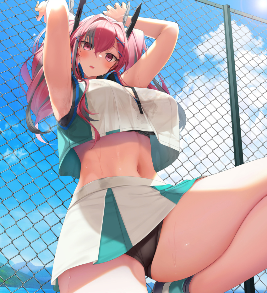 1girl armpits arms_up azur_lane bangs bare_shoulders black_bra black_panties blue_sky blush bra bra_through_clothes breasts bremerton_(azur_lane) bremerton_(scorching-hot_training)_(azur_lane) chain-link_fence cleavage cloud collared_shirt commentary_request cowboy_shot crop_top crop_top_overhang day eyebrows_visible_through_hair fed_(giba) fence from_below green_footwear green_skirt grey_hair hair_between_eyes hair_intakes hair_ornament hairclip highres large_breasts long_hair looking_at_viewer midriff mole mole_under_eye mountainous_horizon multicolored_hair navel ocean outdoors panties parted_lips partial_commentary pink_eyes pink_hair shirt shoes sidelocks skirt sky sleeveless sleeveless_shirt sneakers solo sportswear standing standing_on_one_leg streaked_hair sunlight sweat tennis_uniform twintails two-tone_hair two-tone_shirt two-tone_skirt underwear wet wet_clothes wet_shirt white_shirt white_skirt x_hair_ornament