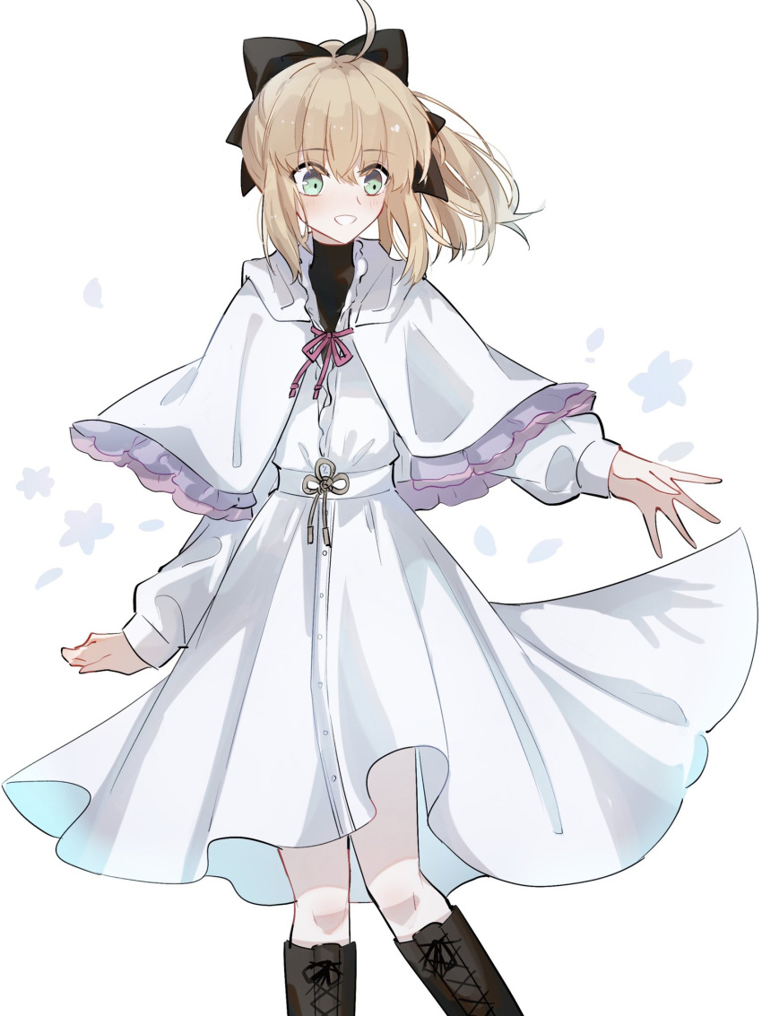 1girl ahoge artoria_pendragon_(all) bangs black_bow black_legwear blonde_hair bow capelet dress eyebrows_visible_through_hair fate/unlimited_codes fate_(series) floating_hair green_eyes grin hair_between_eyes hair_bow highres kneehighs long_dress long_hair long_sleeves nayu_tundora ponytail ribbon saber saber_lily shiny shiny_hair smile solo standing white_background white_capelet white_dress