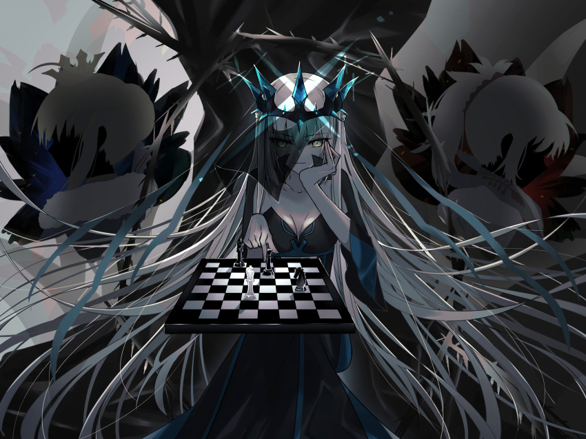 artoria_pendragon_(all) bangs black_dress breasts chess_piece chessboard cleavage crossed_legs crown dress eyebrows_visible_through_hair fate_(series) floating_hair hair_between_eyes head_rest highres king_(chess) knight_(chess) long_dress long_hair medium_breasts nayu_tundora plant queen_(chess) see-through shrug_(clothing) silver_hair sleeveless sleeveless_dress strapless strapless_dress veil very_long_hair vines yellow_eyes