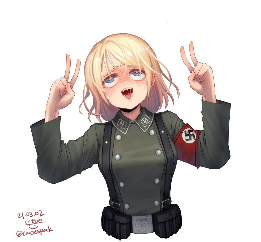 1girl absurdres ahegao armband arms_up artist_name bangs blonde_hair blue_eyes blush breasts buttons commentary_request commission cotton_(carcasspack) dated double-breasted double_v green_jacket heart heart-shaped_pupils highres jacket long_sleeves looking_at_viewer looking_up medium_hair military military_uniform nazi open_mouth original saliva simple_background solo ss_insignia swastika symbol-shaped_pupils tongue tongue_out twitter_username uniform upper_body v white_background