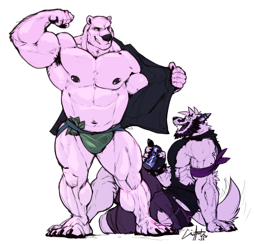 2021 abs absurd_res anthro armband armpit_hair beard belt beverage_can biceps big_muscles body_hair bottomwear bracelet bulge can canid canine canis clothing dated duke_(nightterror) duo facial_hair fingerless_gloves flexing gloves handwear hi_res huge_muscles jewelry jockstrap looking_at_another male mammal money muscular muscular_anthro muscular_male nightterror nipple_piercing nipples niveus open_mouth pants pecs piercing polar_bear shirt signature simple_background sitting smile spiked_bracelet spikes standing tank_top topwear underwear undressing ursid ursine white_background wolf