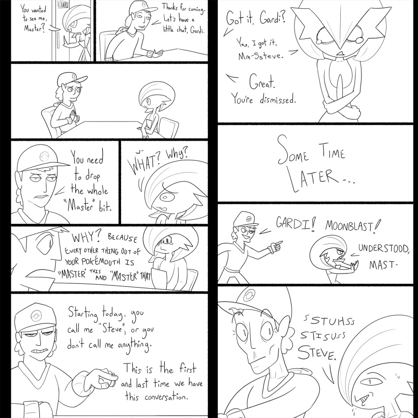 bodily_fluids burgerpocalypse comic duo female gardevoir hi_res human humanoid humor male mammal meeting nintendo pok&eacute;mon pok&eacute;mon_(species) pok&eacute;mon_trainer sitting sweat sweatdrop tears video_games