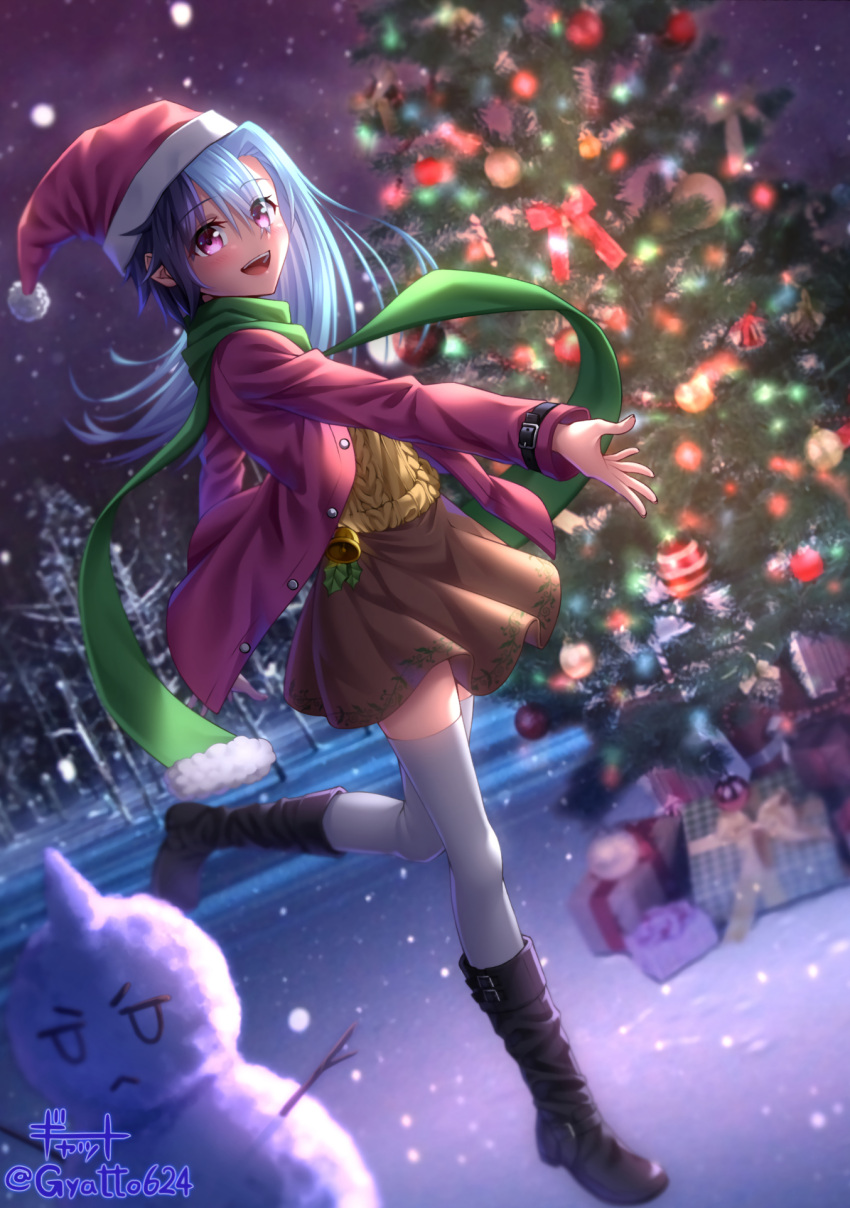 1girl bangs black_footwear blue_hair blurry blurry_background boots box brown_skirt christmas christmas_tree eyebrows_visible_through_hair floating_hair fur-trimmed_headwear gift gift_box green_scarf grey_legwear gyatto624 hair_between_eyes hat highres jacket knee_boots long_hair long_sleeves miniskirt night open_clothes open_jacket original outdoors purple_eyes red_headwear ribbed_sweater santa_hat scarf skirt snowing snowman solo standing standing_on_one_leg sweater thighhighs twitter_username watermark winter yellow_sweater zettai_ryouiki