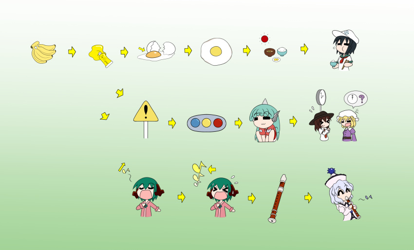 &gt;_&lt; :3 :p anchor_symbol anger_vein animal_ears arrow_(symbol) banana belt black_hair black_headwear blonde_hair bowl brown_hair character_request chopsticks clock dog_ears dress eating egg eighth_note food fried_egg fruit gradient gradient_background green_background green_hair hat highres horns instrument kasodani_kyouko komano_aunn maribel_hearn miso_soup murasa_minamitsu music musical_note open_mouth paint paint_tube playing_instrument purple_dress rakugaki-biyori recorder rice_bowl sailor_collar sailor_shirt shirt sign single_horn sun tongue tongue_out touhou traffic_light usami_renko warning_sign white_headwear