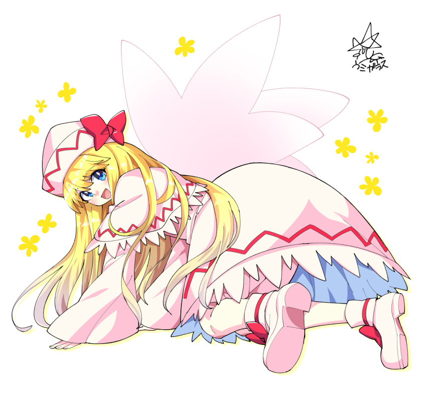 1girl :d all_fours bangs blonde_hair blue_eyes bow capelet commentary_request dress eyebrows_visible_through_hair fairy_wings footwear_bow full_body hat hat_bow highres lily_white long_hair long_sleeves looking_at_viewer open_mouth partial_commentary pink_wings red_bow simple_background smile solo touhou umigarasu_(kitsune1963) white_background white_capelet white_dress white_footwear white_headwear wide_sleeves wings