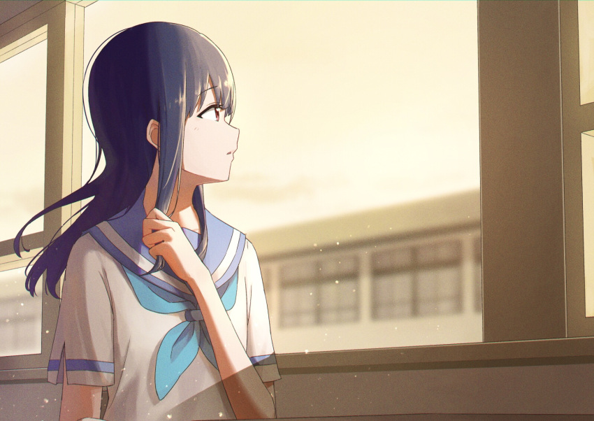 1girl blue_hair blue_neckwear blue_sailor_collar blurry blurry_background building cloud expressionless hibike!_euphonium highres indoors kitauji_high_school_uniform liz_to_aoi_tori long_hair looking_away matarasu_(aaaaaaaaj) neckerchief parted_lips red_eyes sailor_collar school school_uniform serafuku shirt short_sleeves sky solo white_shirt window yoroizuka_mizore