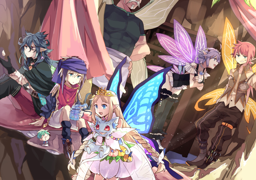 3girls 4boys :d :o abs ahoge anger_vein annoyed aqua_eyes belt black_capelet black_footwear black_gloves black_hair black_pants black_shirt blonde_hair blue_eyes blue_hair blue_slime boots breasts brown_belt brown_footwear brown_shirt brown_vest butterfly_hair_ornament butterfly_wings capelet character_request chibi chinese_commentary cleavage clenched_teeth closed_mouth collared_dress collared_shirt commentary_request creature crown curtains dragon dress drill_hair drooling dutch_angle ear_piercing earrings facial_hair fairy flower_skirt gloves goatee gold_trim hair_between_eyes hair_flaps hair_ornament head_out_of_frame headband hero_(merc_storia) heterochromia holding_creature holding_jar in_container insect_wings jar jewelry knee_boots leaf leaning_forward leg_warmers light_particles light_rays liquid_hair long_hair looking_at_another looking_away menelia_(merc_storia) merc_(merc_storia) merc_storia minigirl mixed-language_commentary monster_girl multi-tied_hair multiple_boys multiple_girls muscular muscular_male mushroom mustache old old_man open_mouth palistos_(merc_storia) pants parted_lips pectorals piercing pink_eyes pointy_ears ponytail purple_hair rata_(m40929) red_hair red_pants red_vest ring sarodia shelf shirt short_hair shorts sideways_mouth sitting sleeveless sleeveless_dress slime_girl smile smug striped striped_pants teeth tiara tree twin_drills very_long_hair vest white_dress white_shorts wings zephrodai_(merc_storia)