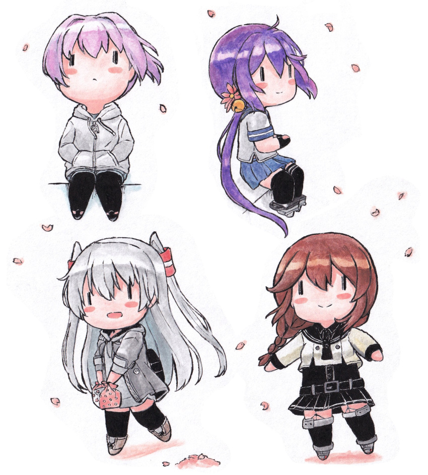 4girls akebono_(kancolle) amatsukaze_(kancolle) bangs bell black_gloves black_legwear braid brown_hair chibi flower gloves hair_bell hair_flower hair_ornament hair_tubes hands_in_pockets highres holding hood hood_down hoodie jacket kantai_collection long_hair long_sleeves multiple_girls noshiro_(kancolle) obentou open_mouth pantyhose petals pink_hair pleated_skirt poipoi_purin ponytail purple_hair remodel_(kantai_collection) sailor_collar school_uniform serafuku shiranui_(kancolle) side_ponytail silver_hair simple_background sitting skirt smile standing thighhighs traditional_media twin_braids two_side_up