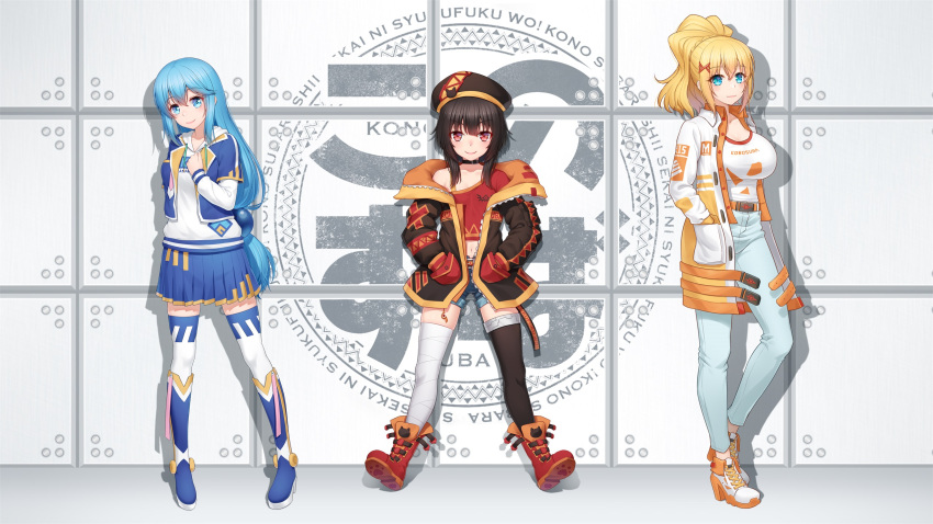 3girls alternate_costume alternate_hairstyle anarchojs aqua_(konosuba) arm_behind_back asymmetrical_legwear bandaged_leg bandages bangs belt black_choker blonde_hair blue_eyes blue_footwear blue_hair blue_jacket blue_legwear blue_shorts blush boots braid breasts brown_hair brown_headwear brown_jacket buttons cat_ornament choker closed_mouth coat collarbone collared_shirt copyright_name darkness_(konosuba) eyebrows_visible_through_hair full_body grey_background hair_ornament hand_up hands_in_pockets high_heels highres hood hood_down hoodie jacket knee_boots kono_subarashii_sekai_ni_shukufuku_wo! large_breasts layered_sleeves legs_apart long_hair long_sleeves medium_hair megumin mismatched_legwear multicolored_clothes multicolored_jacket multiple_girls navel open_clothes open_coat open_jacket orange_coat orange_footwear orange_shirt orange_skirt pants pleated_skirt ponytail red_belt red_eyes red_footwear red_jacket red_shirt shiny shiny_hair shirt shirt_tucked_in short_over_long_sleeves short_sleeves shorts single_bare_shoulder single_thighhigh skindentation skirt smile standing thighhighs two-tone_coat two-tone_skirt white_background white_coat white_footwear white_hoodie white_legwear white_pants x_hair_ornament zettai_ryouiki