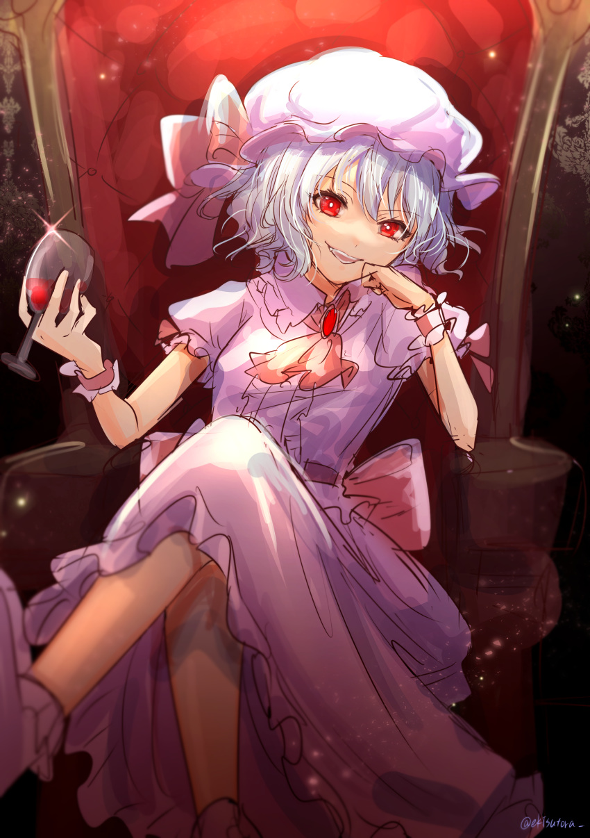 1girl :d absurdres alcohol artist_name ascot back_bow bangs blurry bobby_socks bow breasts bright_pupils brooch commentary_request crossed_legs cup dark_background depth_of_field dress drinking_glass ekisutora eyebrows_visible_through_hair feet_out_of_frame frills glint hand_on_own_cheek hand_on_own_face hands_up hat highres holding holding_cup jewelry light_blue_hair looking_at_viewer mob_cap one-hour_drawing_challenge open_mouth puffy_short_sleeves puffy_sleeves purple_dress red_eyes red_neckwear remilia_scarlet short_hair short_sleeves simple_background sitting small_breasts smile socks solo throne touhou white_legwear white_pupils wine wine_glass wrist_cuffs